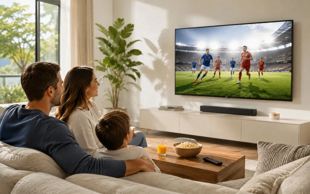 Family watching live television and sports in a bright living room