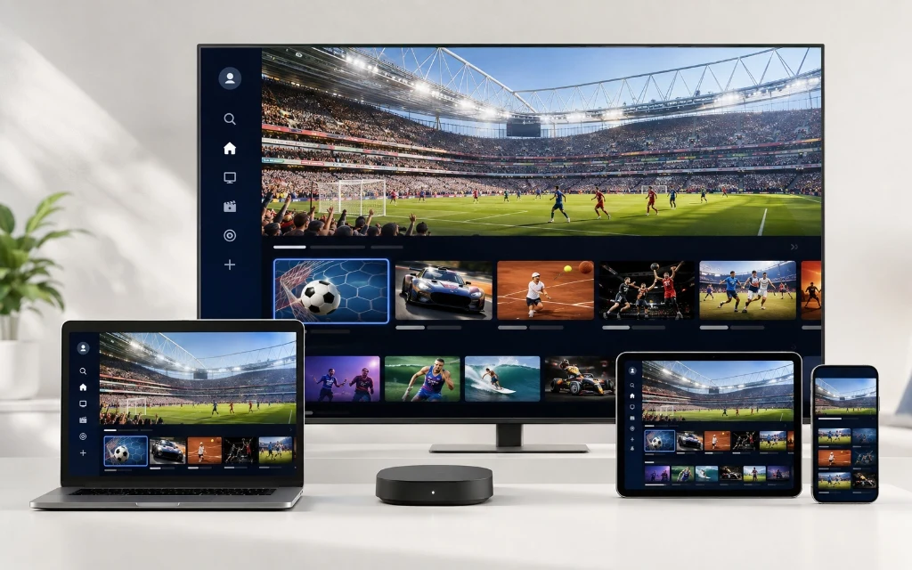 Smart TV, laptop, tablet and smartphone showing a multi-device streaming setup
