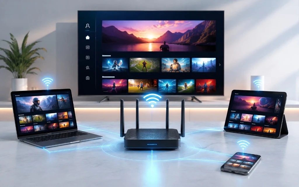 Router and home network connected to smart TV and mobile devices for IPTV setup
