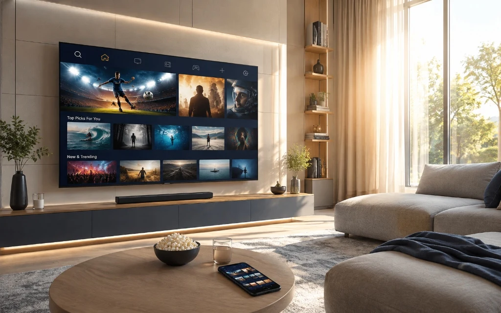 Sunlit modern living room with a large smart TV and smartphone showing a streaming experience